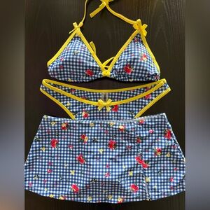 Blue Gingham Floral Bikini Set with Yellow Trim and Matching Skirt